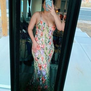 SOLD ON DEPOP - embroidered floral tan prom dress